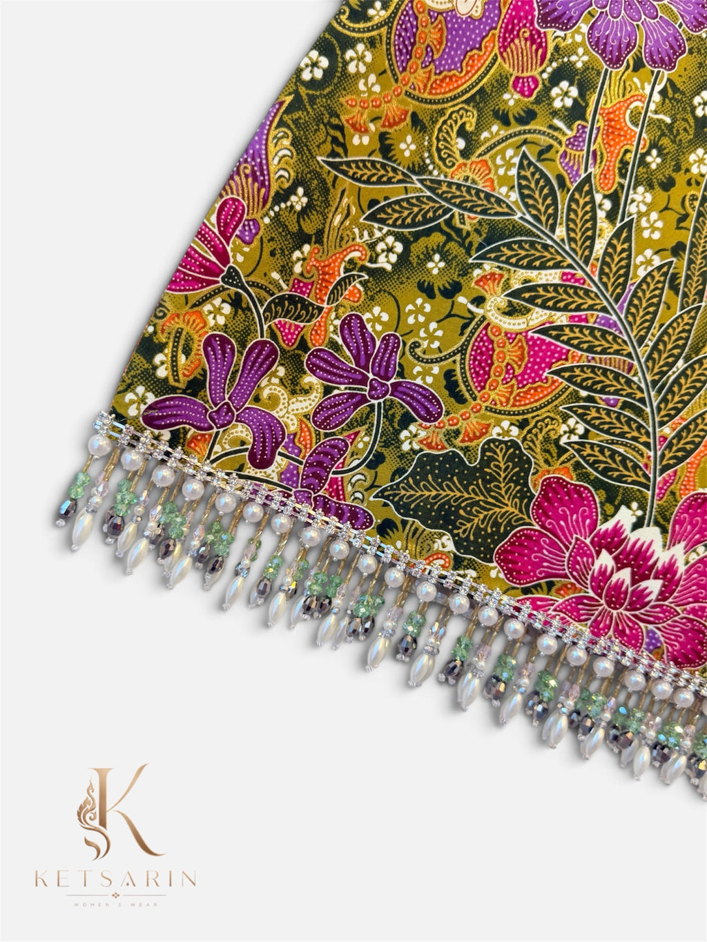 Lotus Garden Beaded Mini Skirt in Olive (S001)