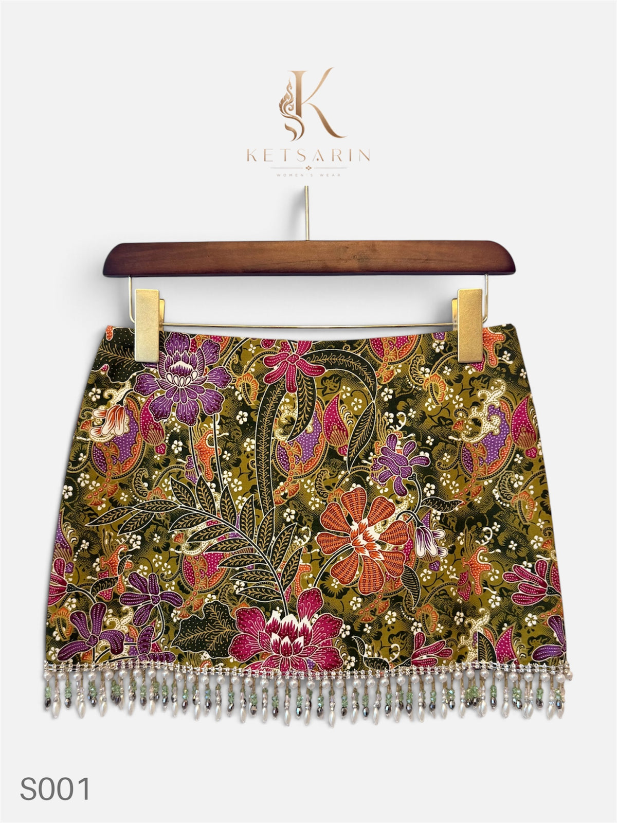 Lotus Garden Beaded Mini Skirt in Olive (S001)