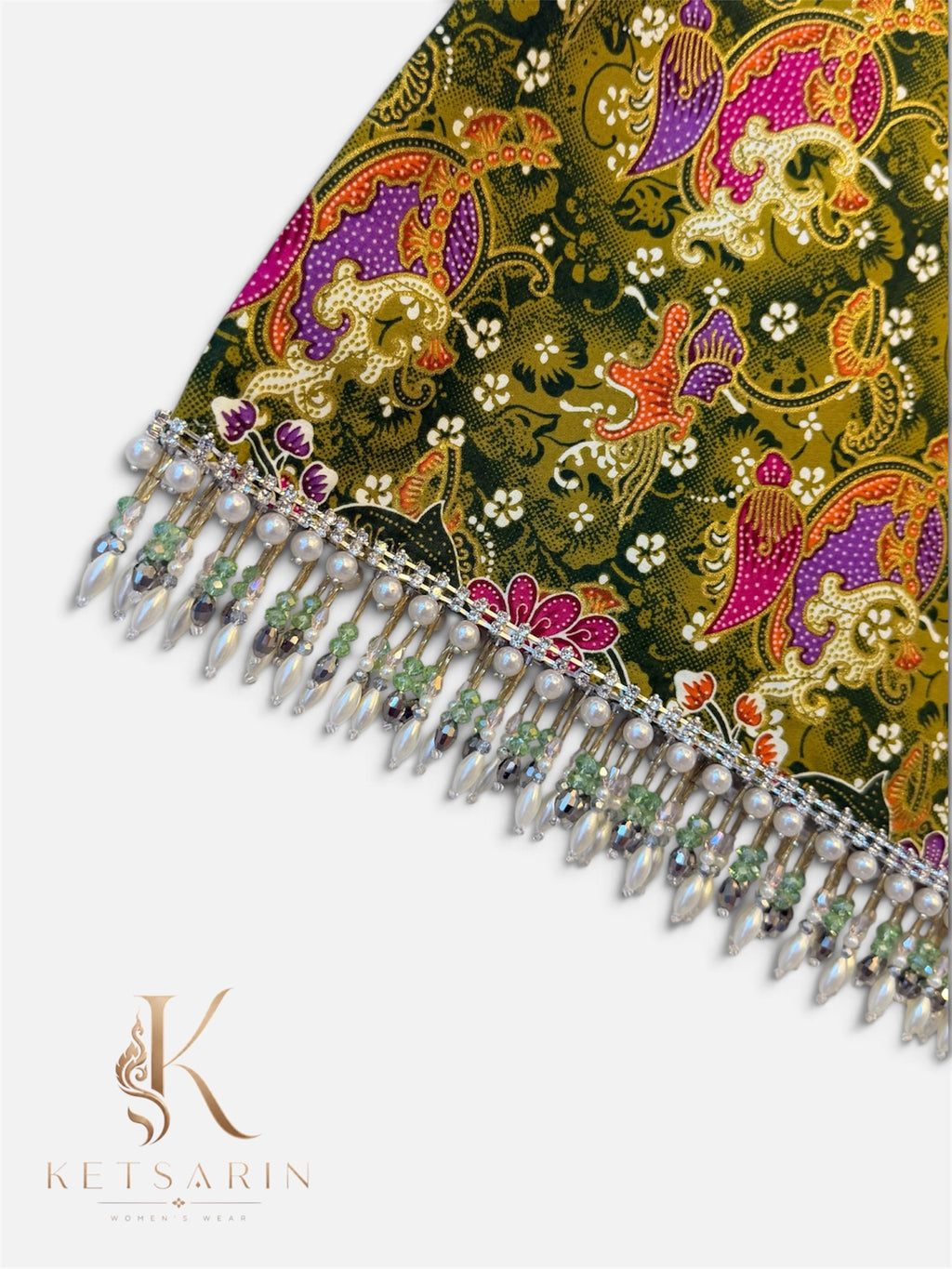 Paisley Bloom Beaded Mini Skirt in Olive (S002)