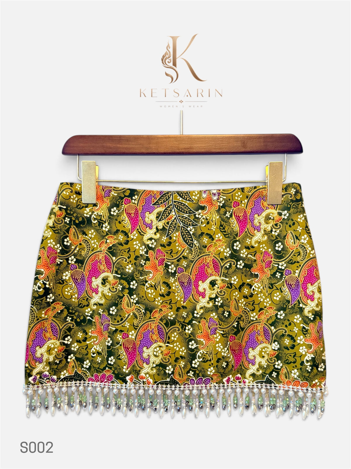 Paisley Bloom Beaded Mini Skirt in Olive (S002)