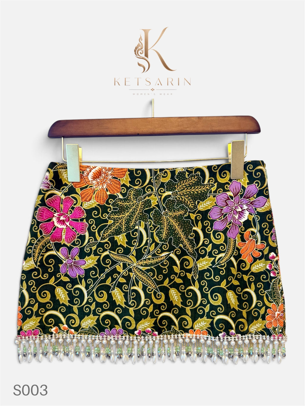 Vine Blossom Beaded Mini Skirt in Forest Green (S003)