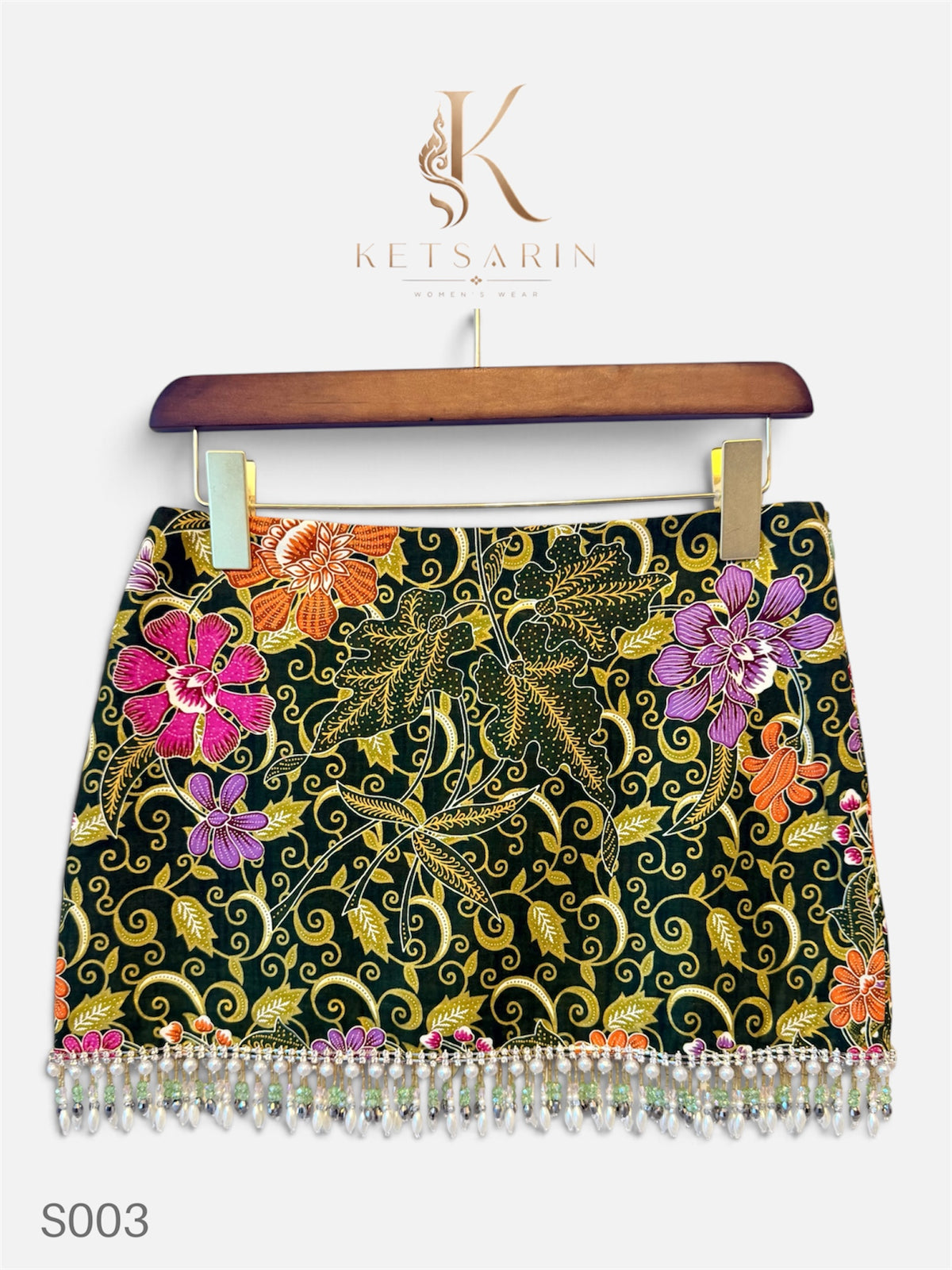 Vine Blossom Beaded Mini Skirt in Forest Green (S003)