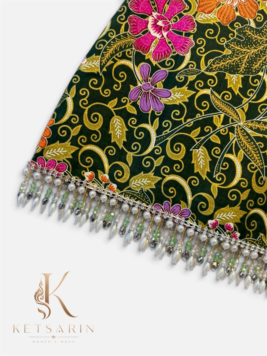 Vine Blossom Beaded Mini Skirt in Forest Green (S003)