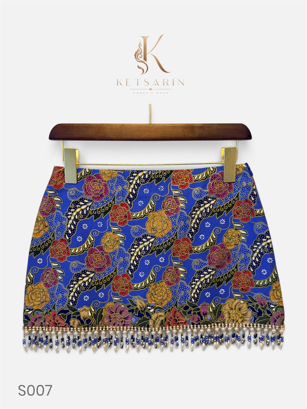 Rose Ribbon Beaded Mini Skirt in Cobalt (S007)