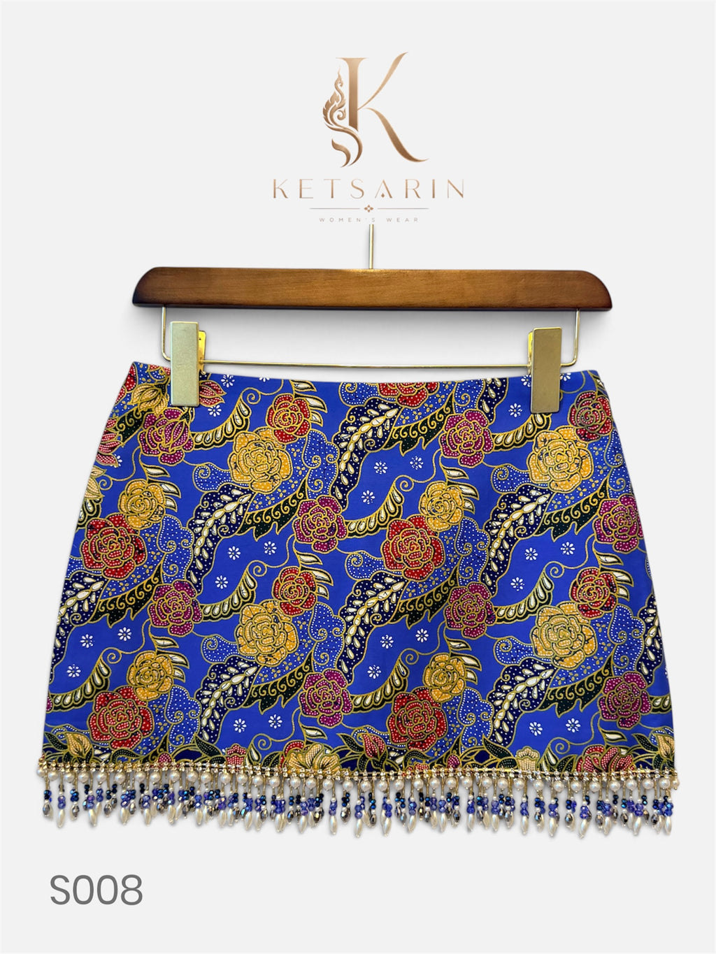 Rose Trellis Beaded Mini Skirt in Cobalt (S008)