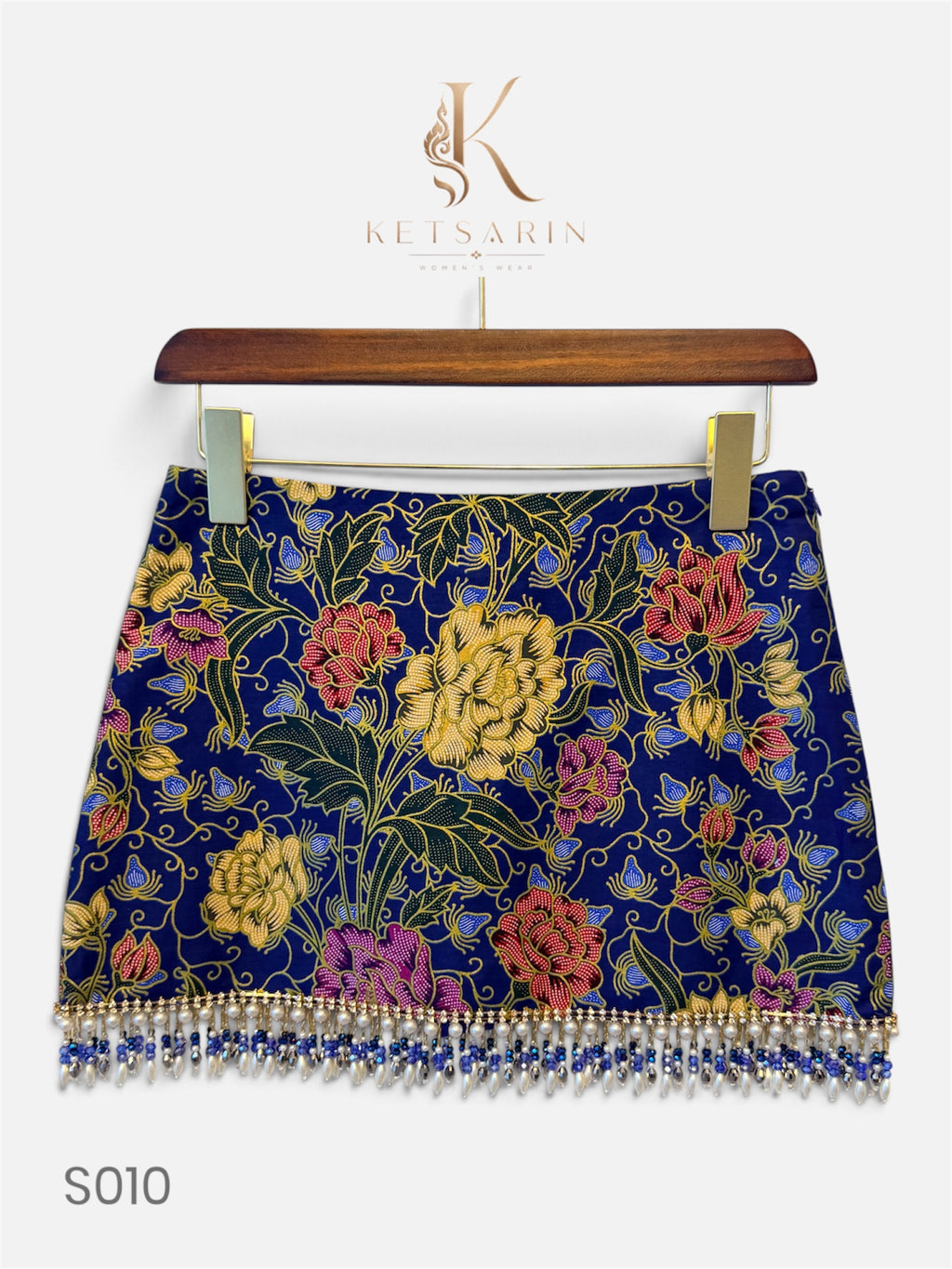 Peony Vine Beaded Mini Skirt in Navy (S010)