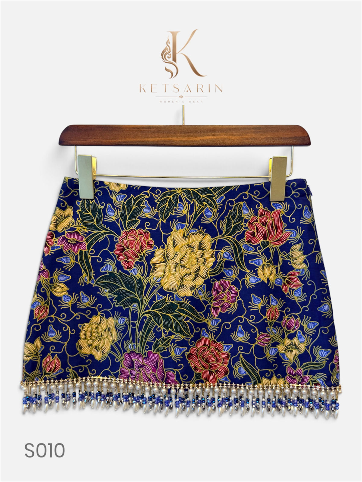 Peony Vine Beaded Mini Skirt in Navy (S010)