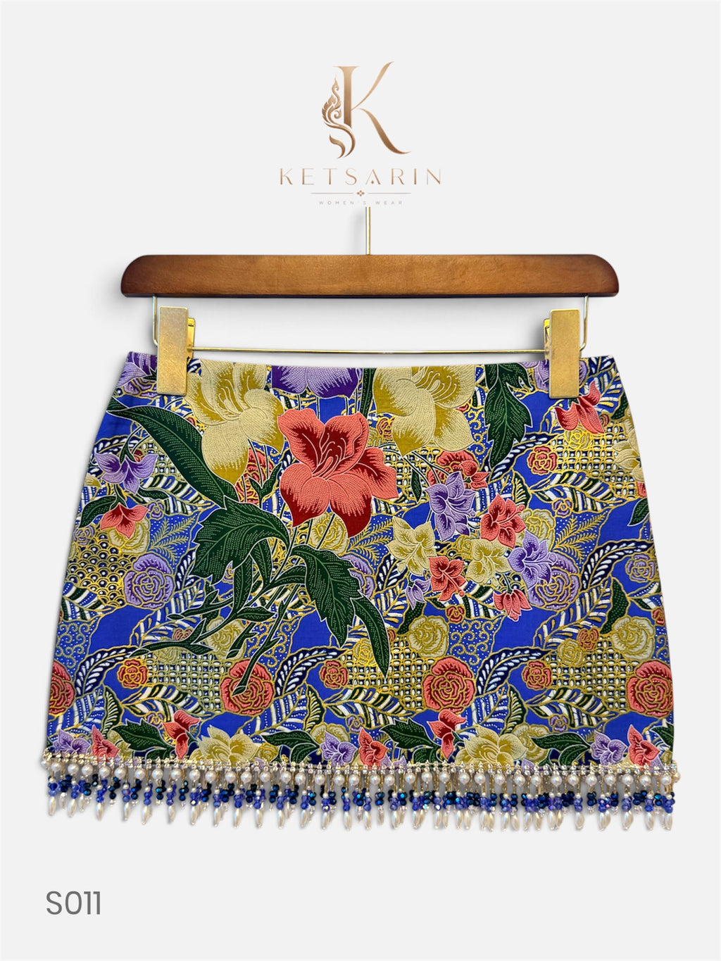 Coral Lily Beaded Mini Skirt in Cobalt (S011)