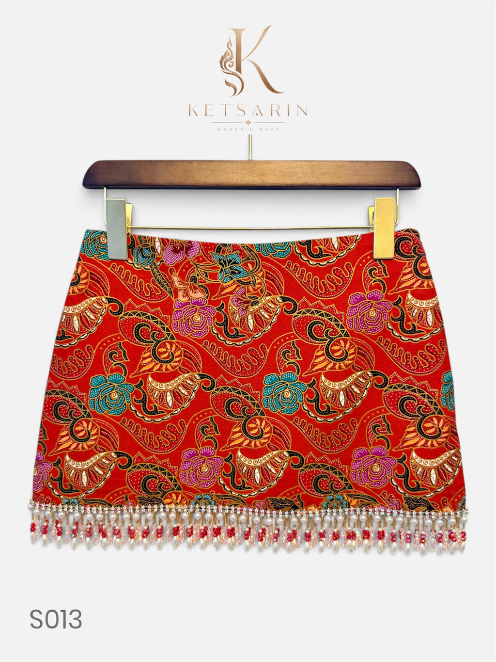 Paisley Rose Beaded Mini Skirt in Red (S013)
