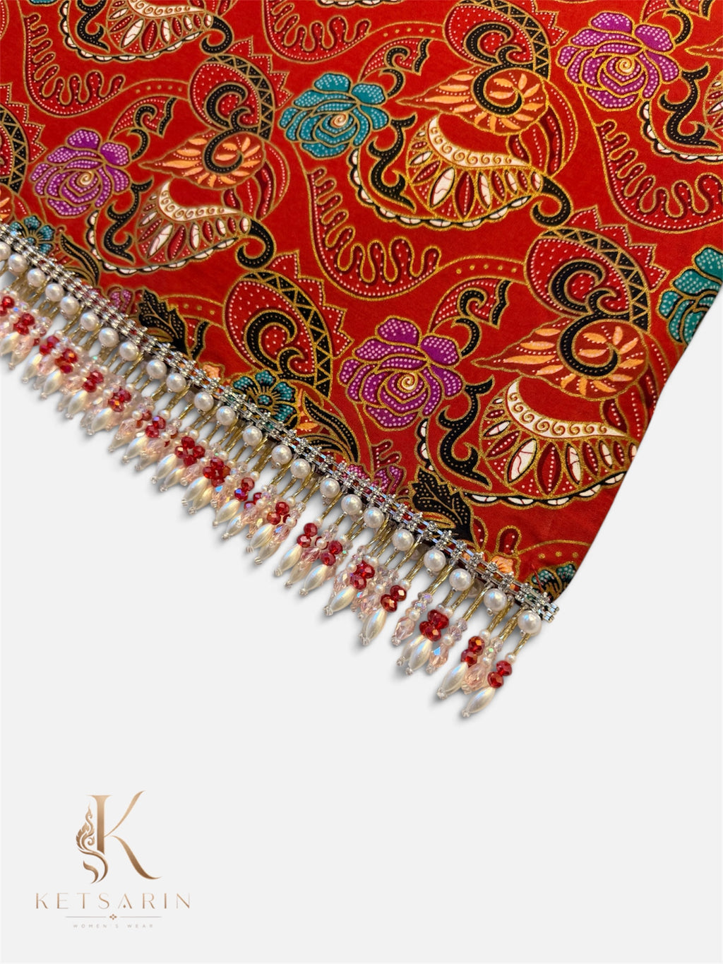 Paisley Rose Beaded Mini Skirt in Red (S013)