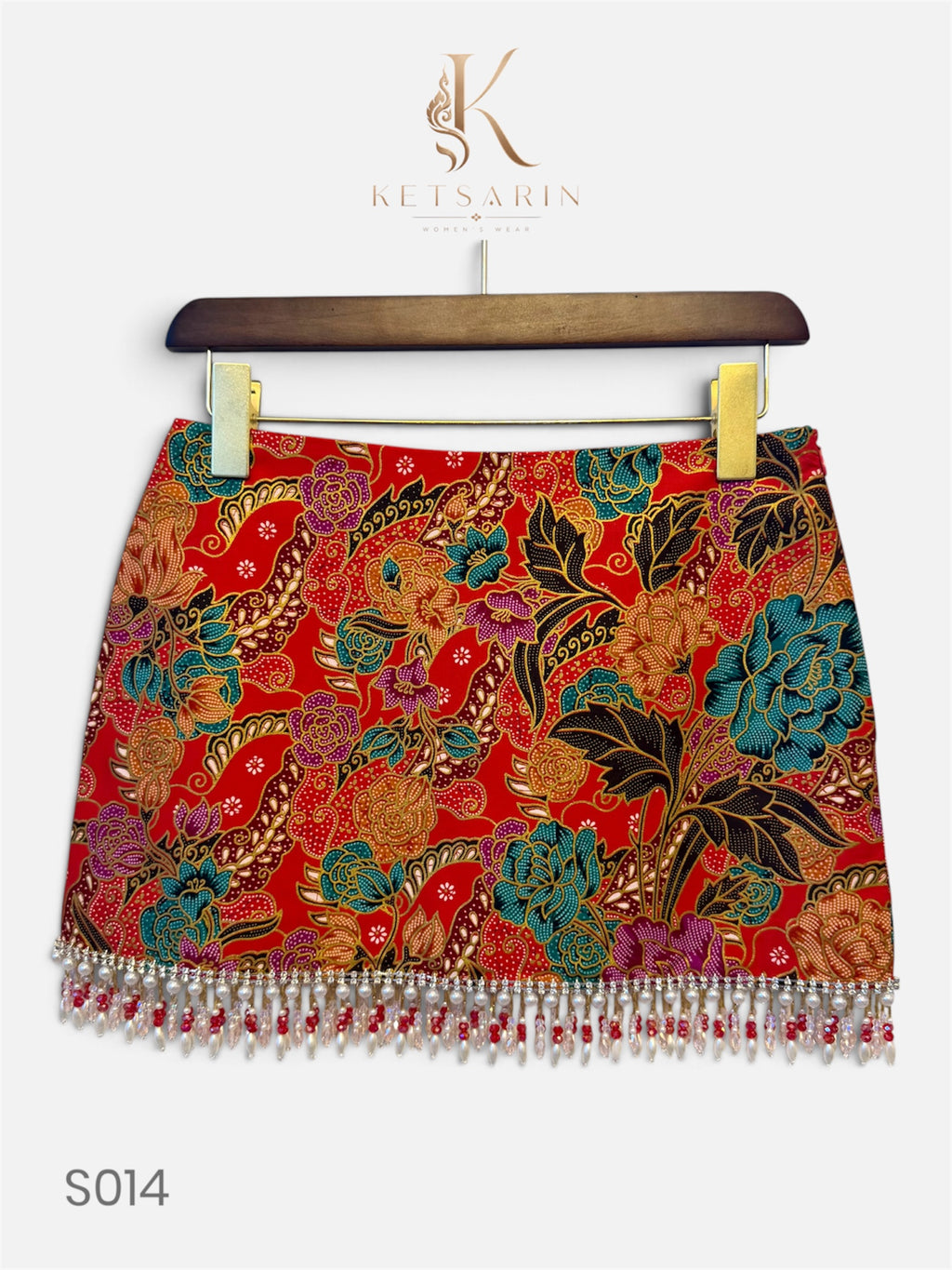 Teal Peony Beaded Mini Skirt in Red (S014)