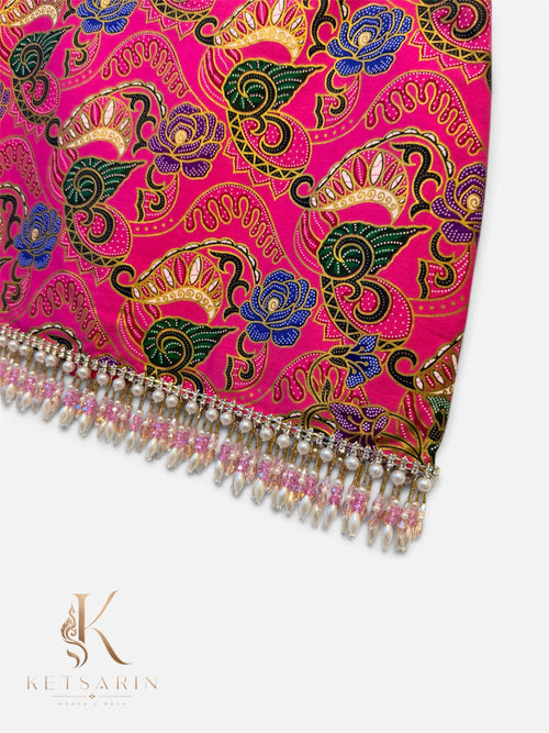 Fan Paisley Beaded Mini Skirt in Fuchsia (S017)