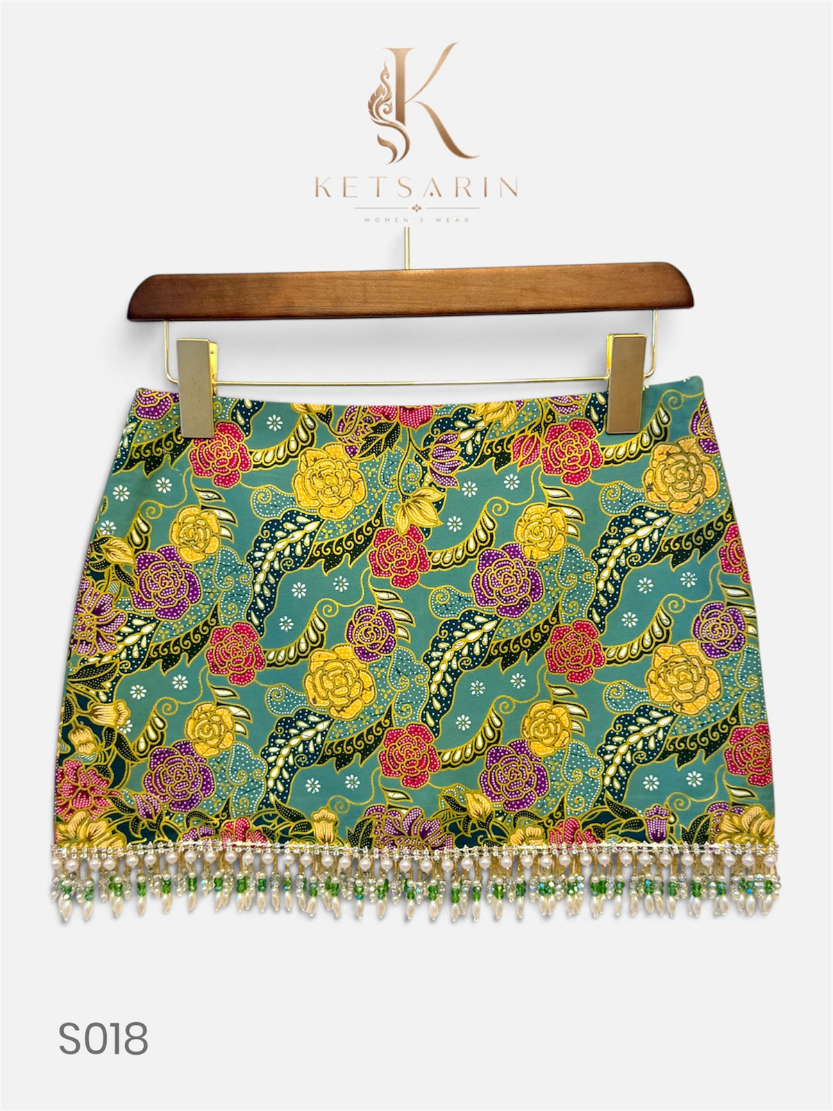 Rose Ribbon Beaded Mini Skirt in Sage (S018)