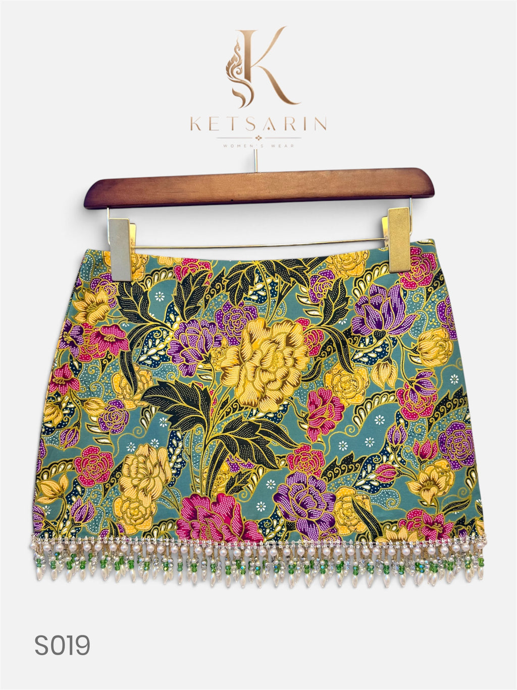 Golden Peony Beaded Mini Skirt in Sage (S019)