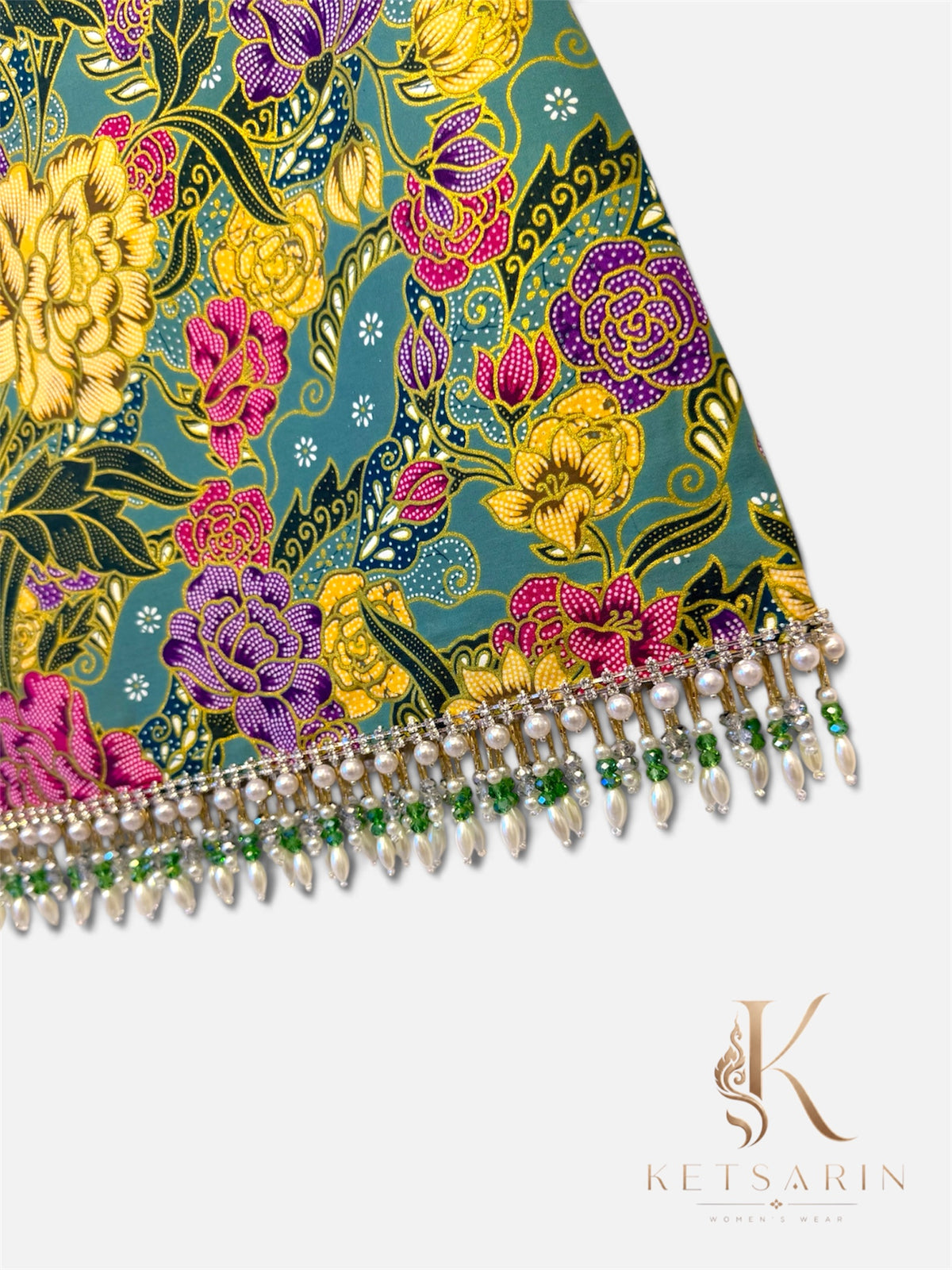 Golden Peony Beaded Mini Skirt in Sage (S019)