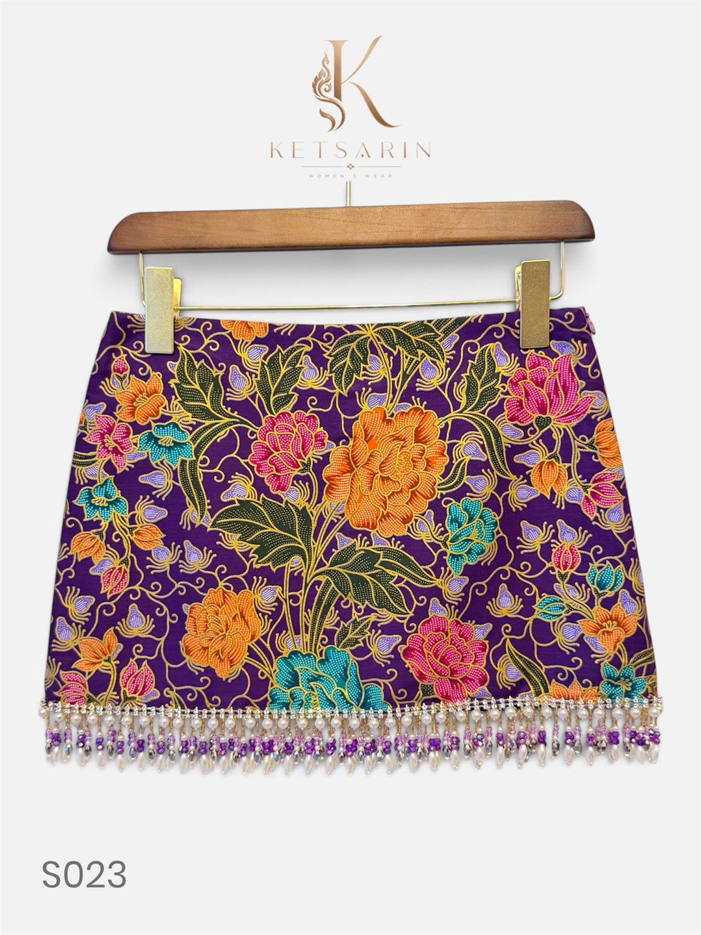 Marigold Peony Beaded Mini Skirt in Plum (S023)