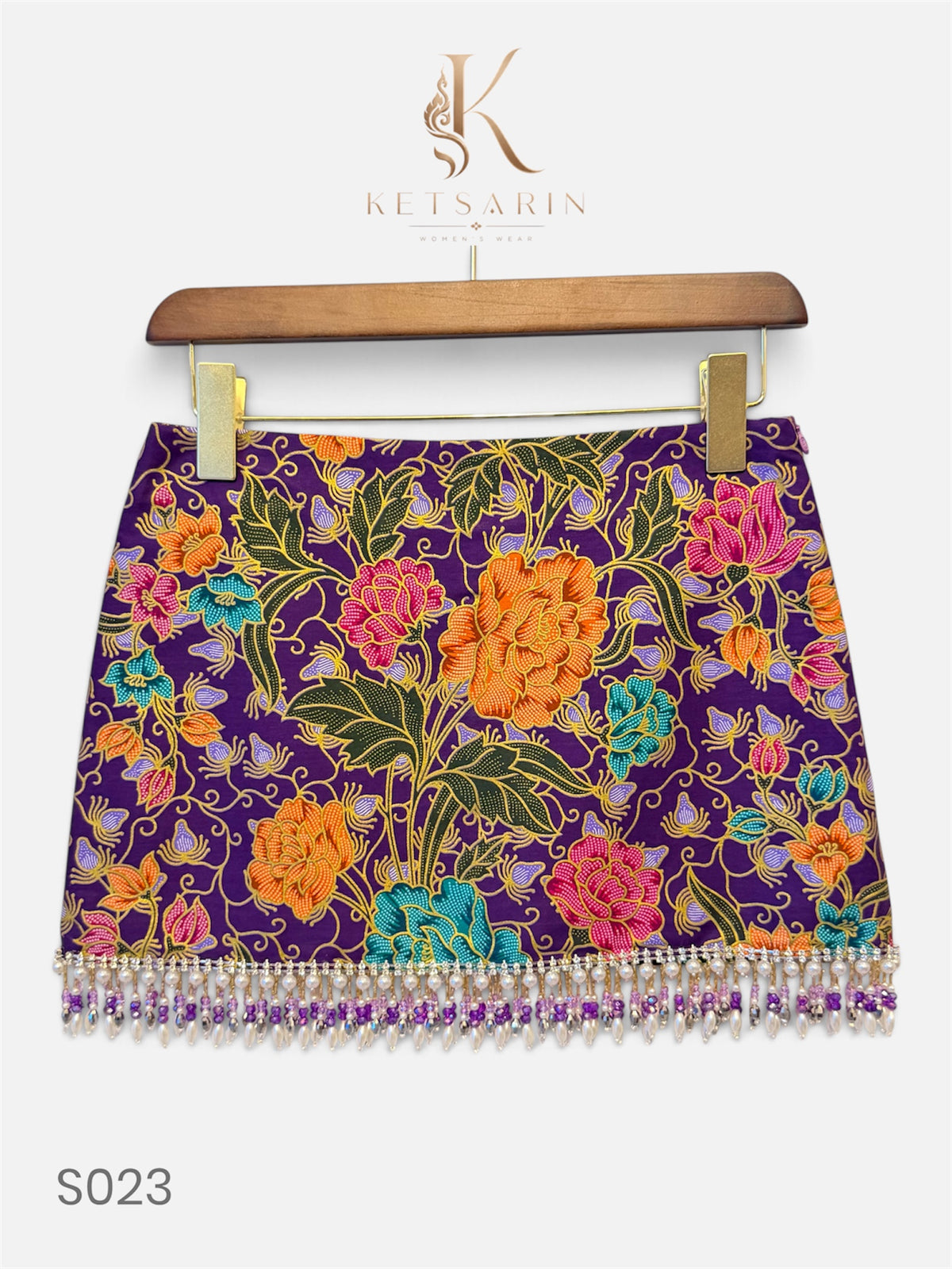 Marigold Peony Beaded Mini Skirt in Plum (S023)