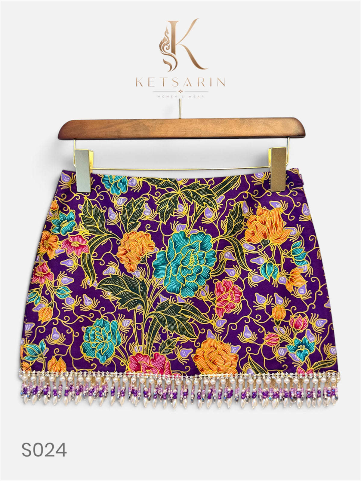 Teal Peony Beaded Mini Skirt in Plum (S024)