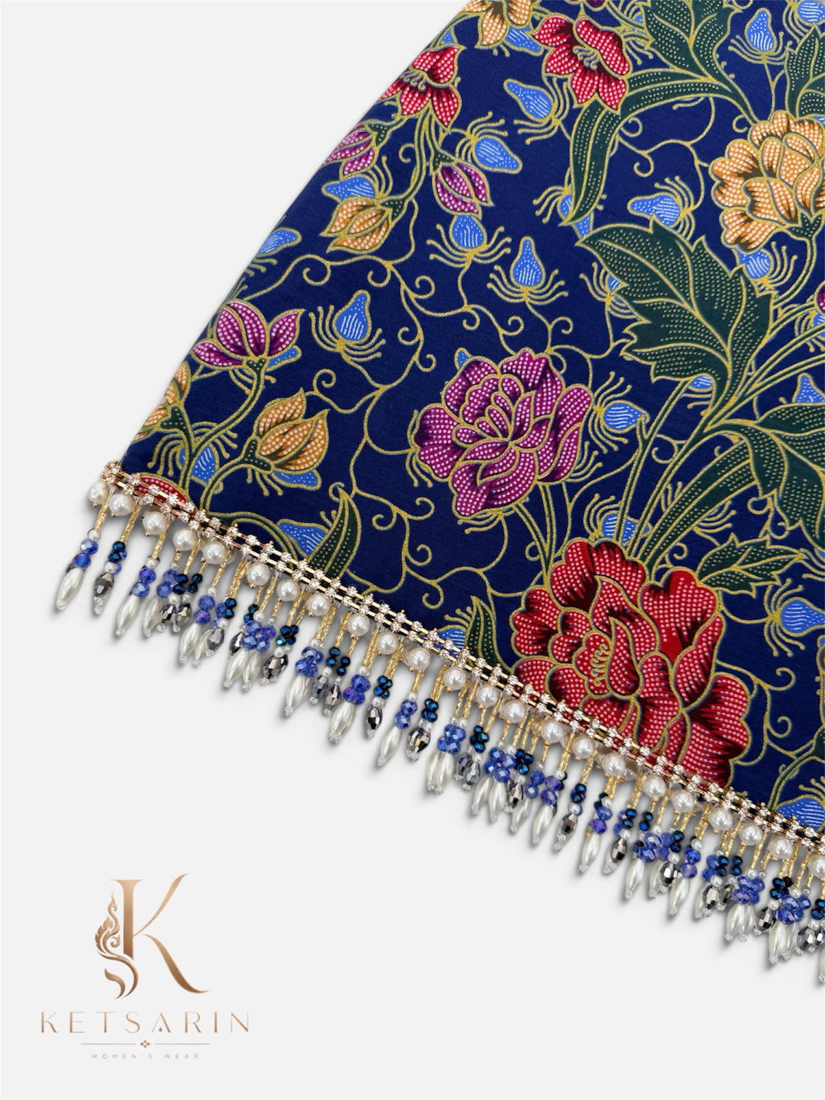 Magenta Peony Beaded Mini Skirt in Navy (S026)