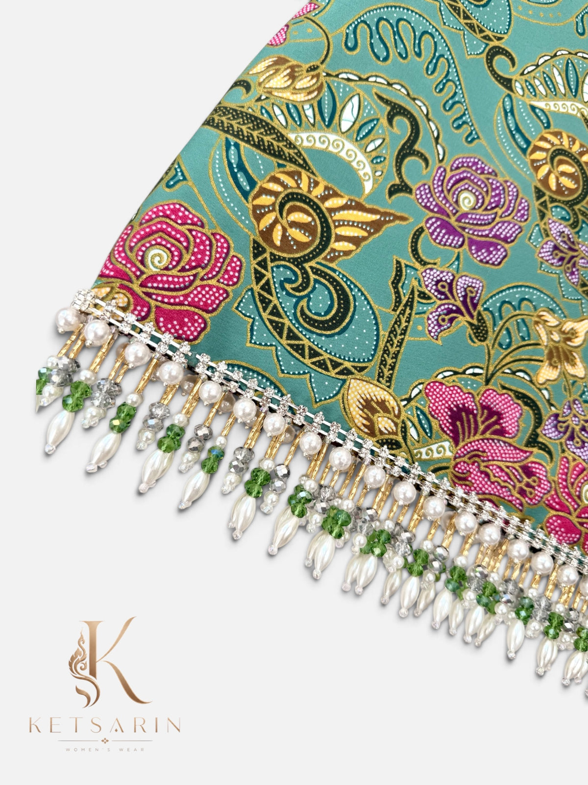Lily Paisley Beaded Mini Skirt in Sage (XS010)