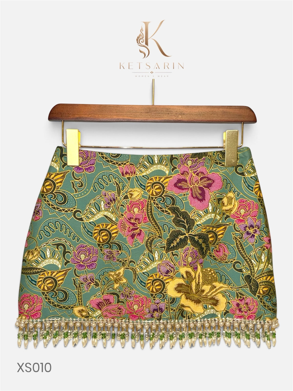 Lily Paisley Beaded Mini Skirt in Sage (XS010)